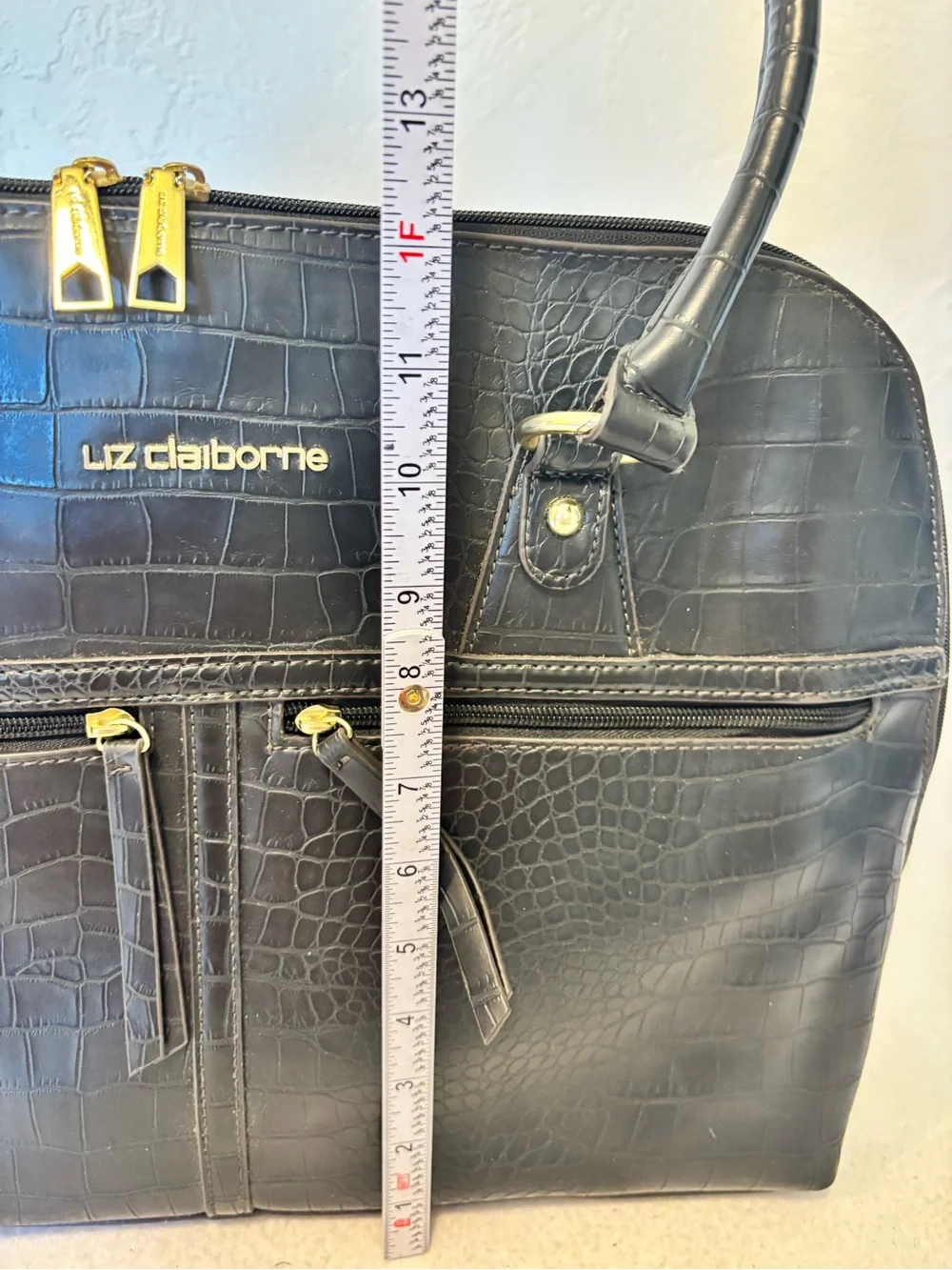 Liz Claiborne Black Croc Embossed PVC Laptop Travel Tote Carryall Bag